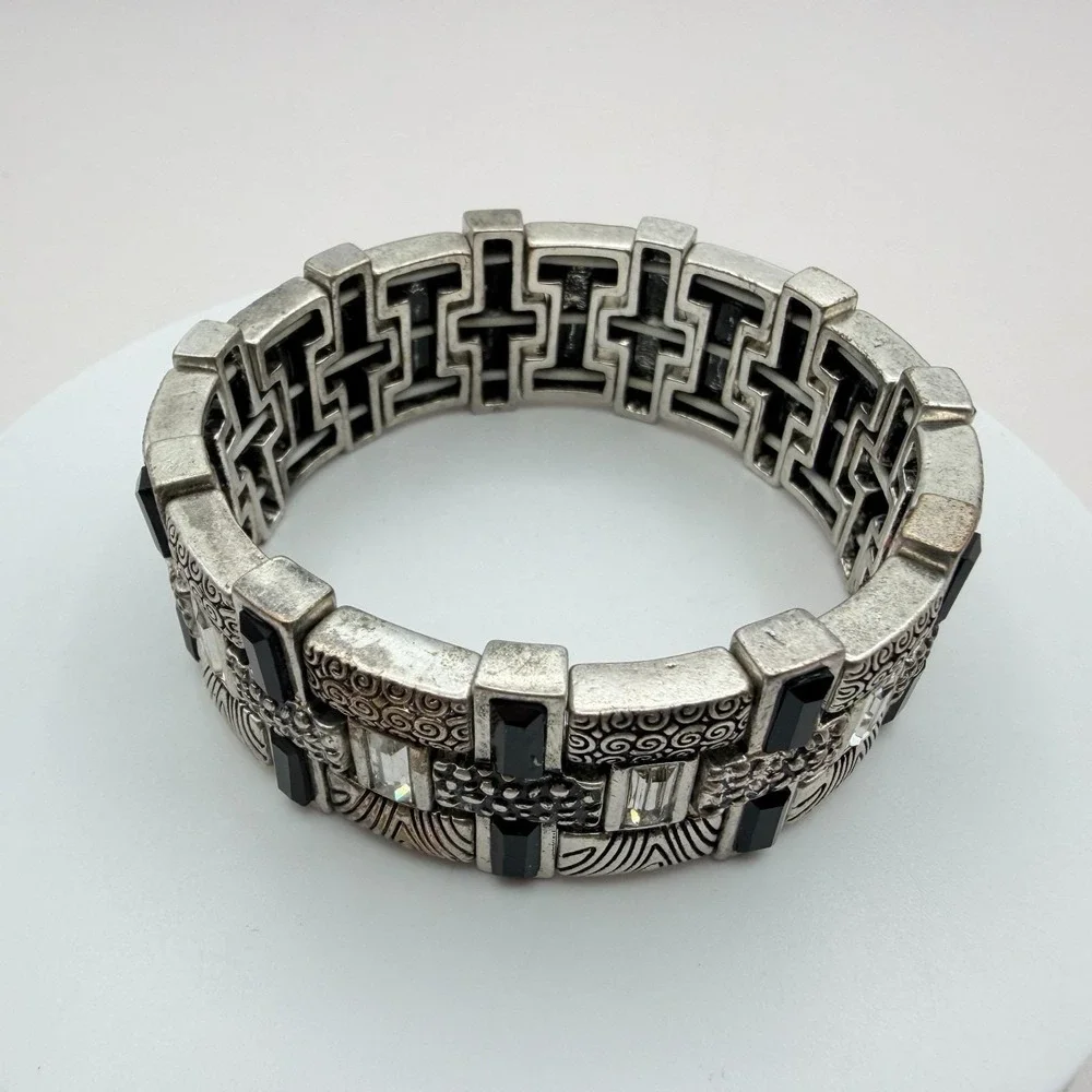 Vintage 90s‎ Silver Tone Black Glass Textured Stretch Bracelet Women's Jewelry